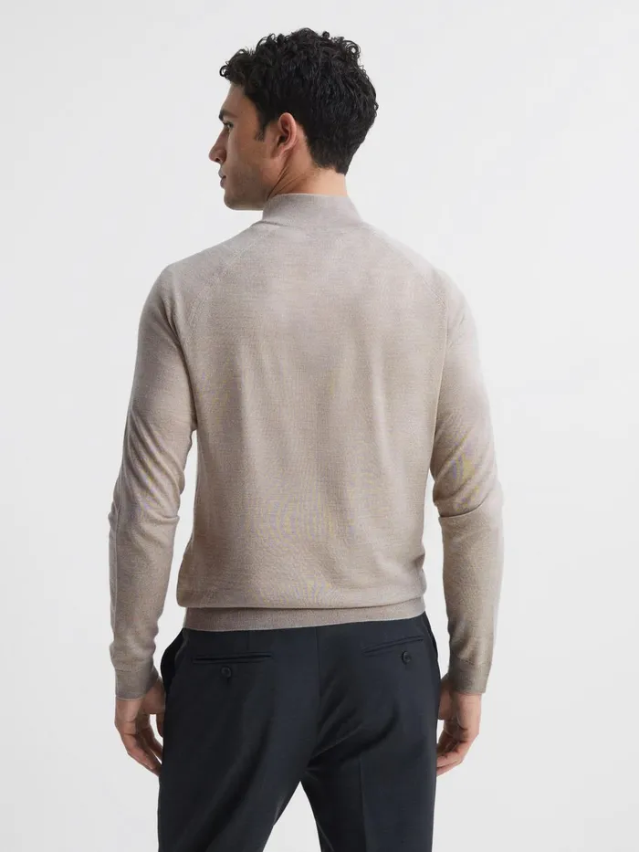 Men Sierra Merino Silk Slim Fit Zip Neck Jumper Oatmeal Reiss Knitwear