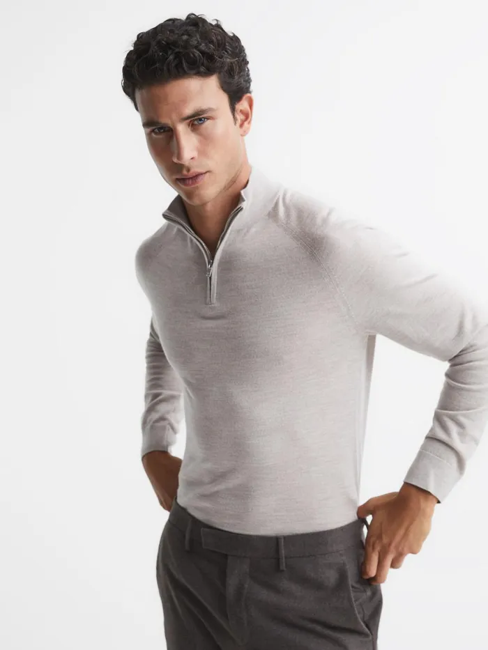 Men Sierra Merino Silk Slim Fit Zip Neck Jumper Oatmeal Reiss Knitwear
