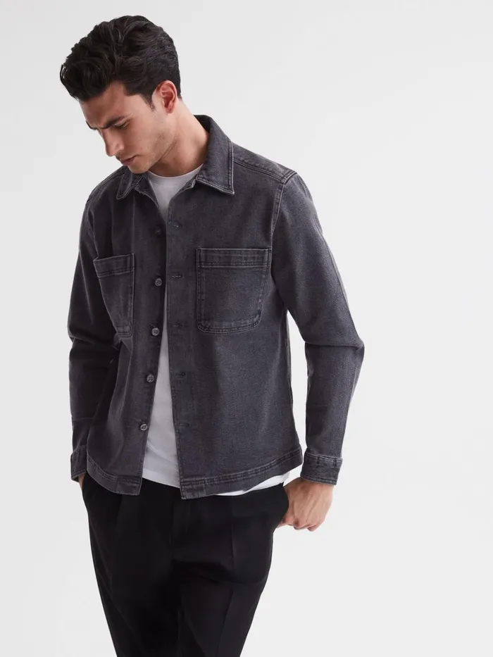 Men Tempo Long Sleeve Denim Overshirt Washed Black Reiss Shirts
