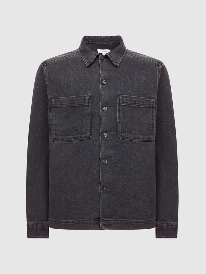 Men Tempo Long Sleeve Denim Overshirt Washed Black Reiss Shirts