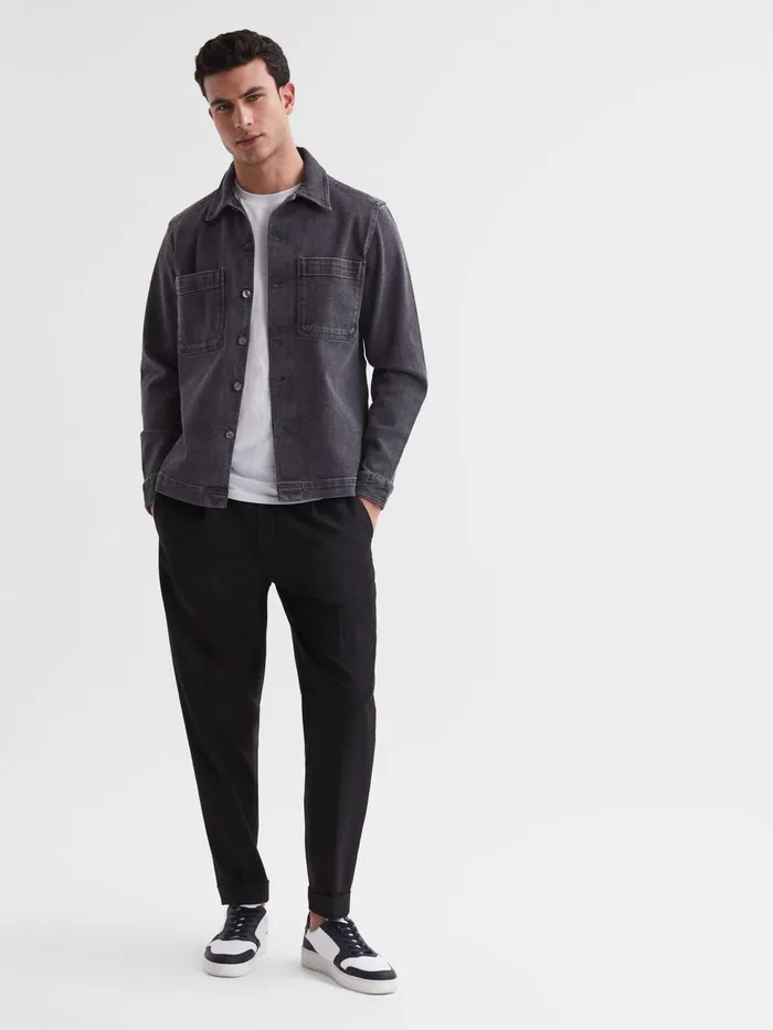 Men Tempo Long Sleeve Denim Overshirt Washed Black Reiss Shirts