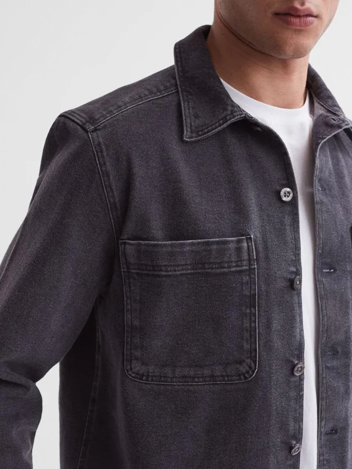 Men Tempo Long Sleeve Denim Overshirt Washed Black Reiss Shirts