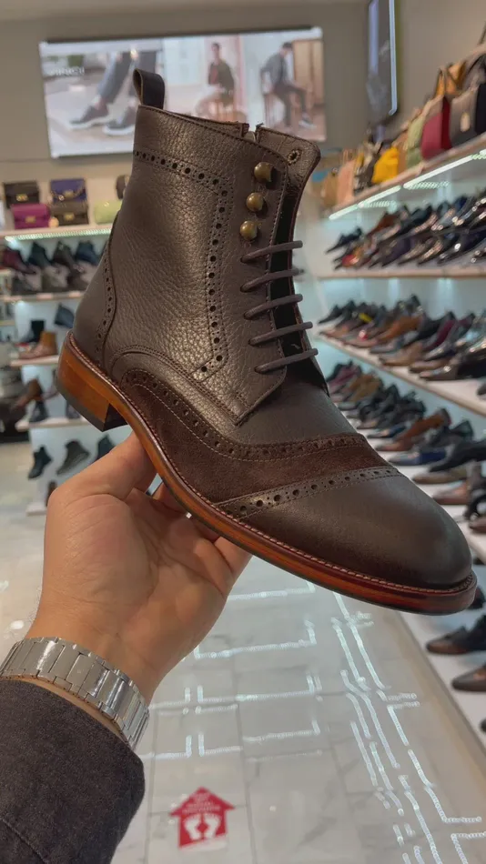 Men The Anderson Brown Leather and Suede Brogue LaceUp Boot With A Zipp Vinci Leather Boots