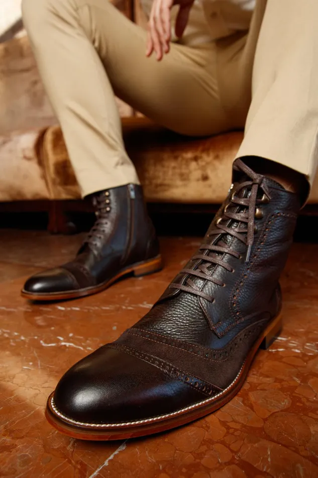 Men The Anderson Brown Leather and Suede Brogue LaceUp Boot With A Zipp Vinci Leather Boots