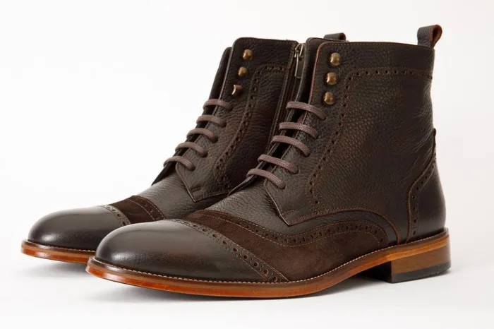 Men The Anderson Brown Leather and Suede Brogue LaceUp Boot With A Zipp Vinci Leather Boots