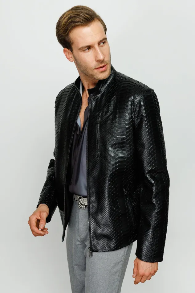 Men The Boss Pythn Black Leather Jacket Vinci Leather Leather Jackets