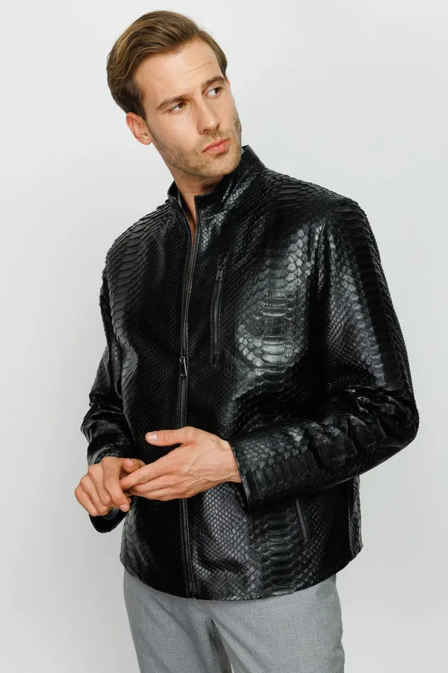 Men The Boss Pythn Black Leather Jacket Vinci Leather Leather Jackets