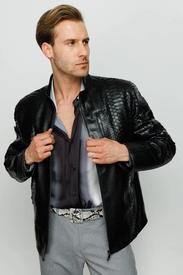 Men The Boss Pythn Black Leather Jacket Vinci Leather Leather Jackets