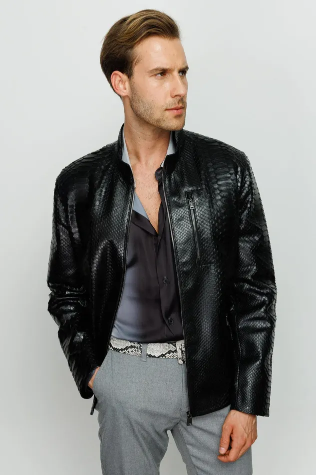 Men The Boss Pythn Black Leather Jacket Vinci Leather Leather Jackets