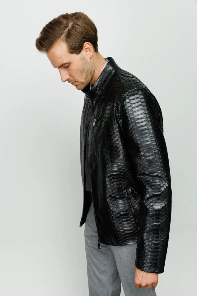 Men The Boss Pythn Black Leather Jacket Vinci Leather Leather Jackets