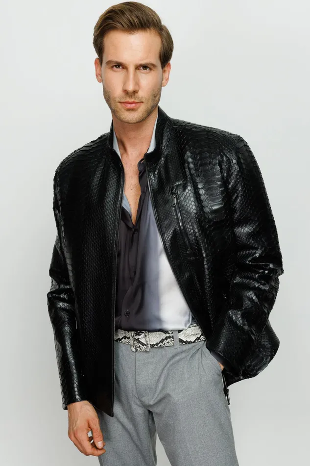 Men The Boss Pythn Black Leather Jacket Vinci Leather Leather Jackets