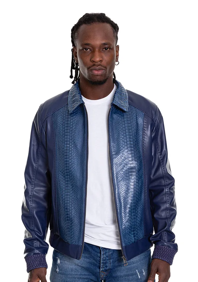 Men The Lopera Pythn Navy Blue Leather Jacket Vinci Leather Leather Jackets
