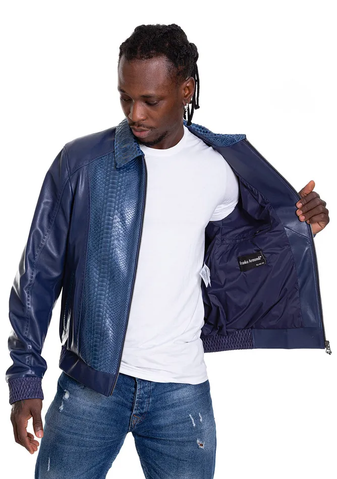 Men The Lopera Pythn Navy Blue Leather Jacket Vinci Leather Leather Jackets
