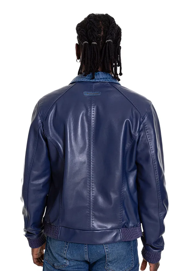 Men The Lopera Pythn Navy Blue Leather Jacket Vinci Leather Leather Jackets
