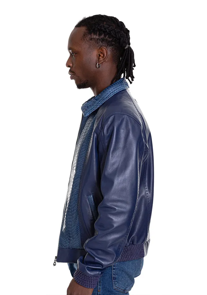 Men The Lopera Pythn Navy Blue Leather Jacket Vinci Leather Leather Jackets