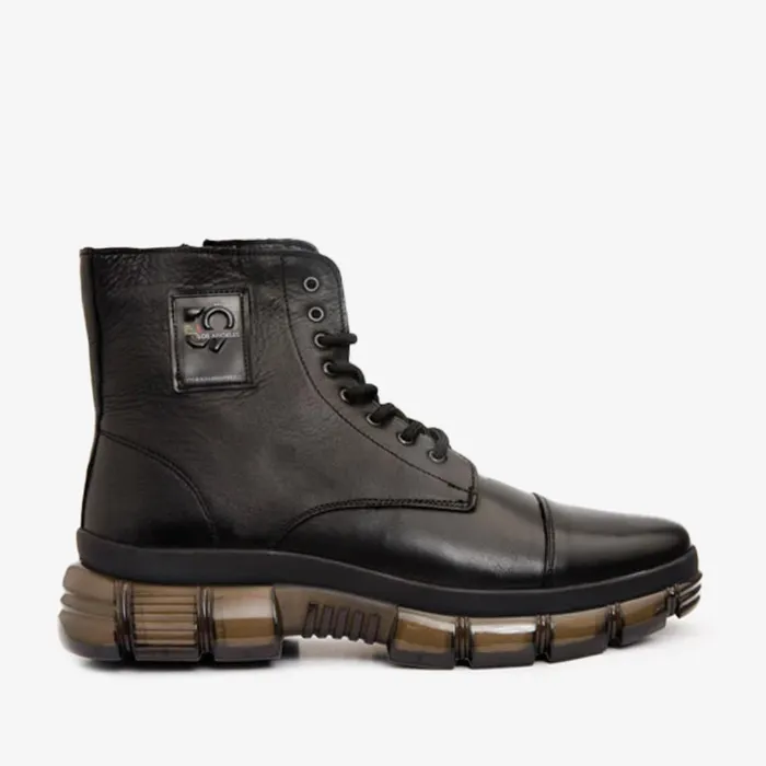 Men The Ottova Black Leather LaceUp Sneaker Boot With A Zipper Vinci Leather Boots