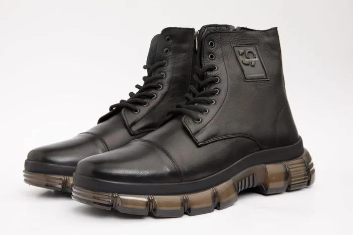Men The Ottova Black Leather LaceUp Sneaker Boot With A Zipper Vinci Leather Boots
