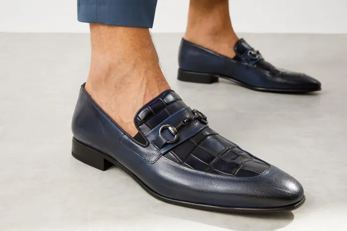 Men The Pusan Navy Blue Leather Bit Loafer Shoe Vinci Leather Dress Shoes