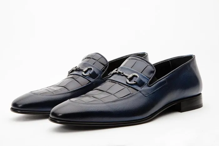 Men The Pusan Navy Blue Leather Bit Loafer Shoe Vinci Leather Dress Shoes