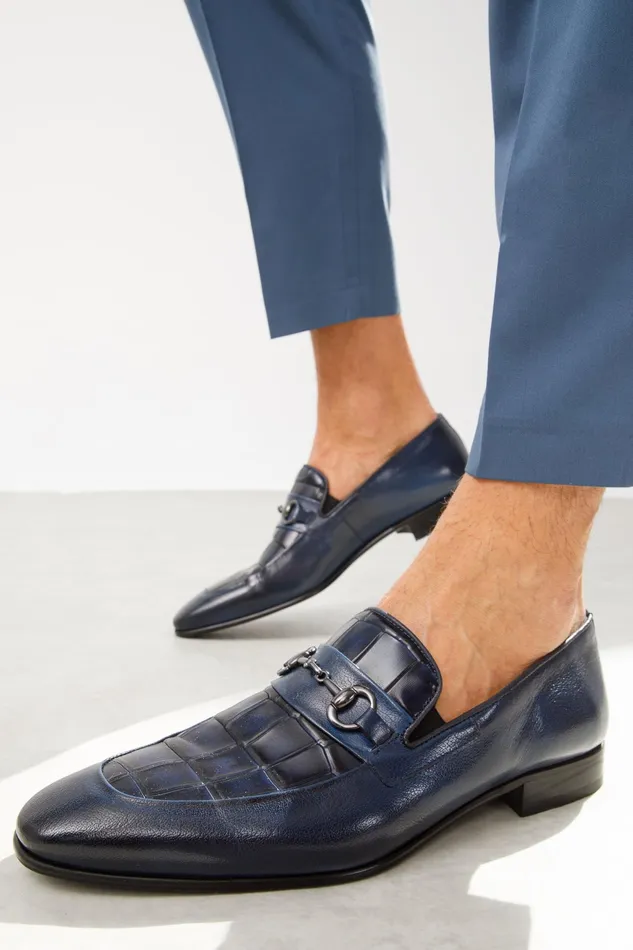 Men The Pusan Navy Blue Leather Bit Loafer Shoe Vinci Leather Dress Shoes