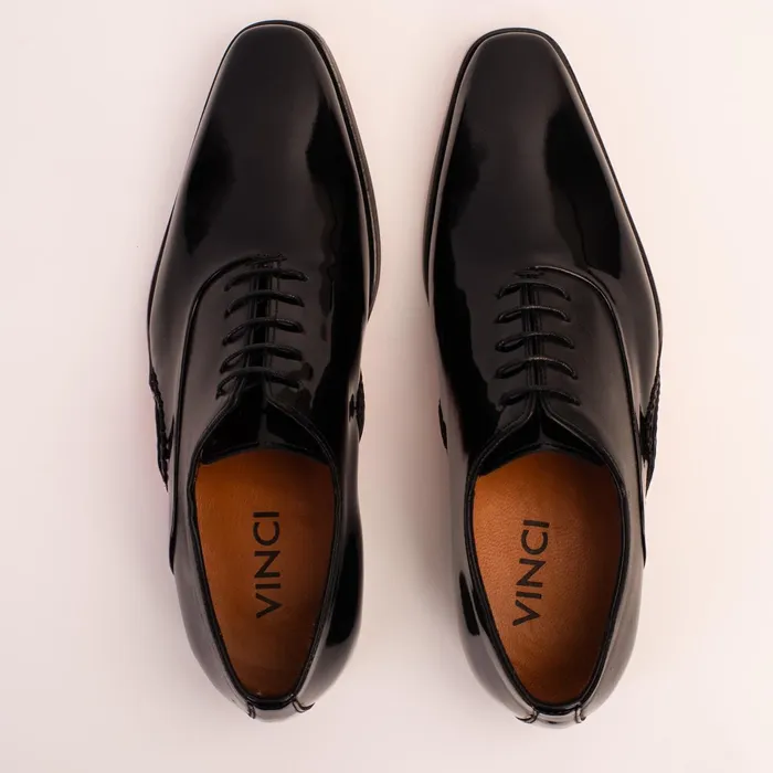 Men The Royal Hand Craft Black Patent Leather Plain Toe Oxford Shoe Vinci Leather Dress Shoes