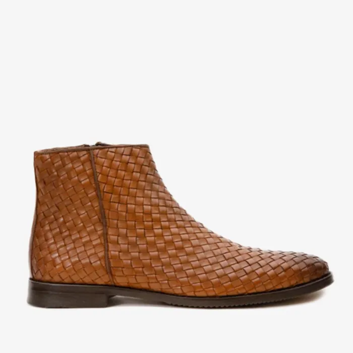 Men The Wellington Tan Handwoven Leather Boot With A Zipper Vinci Leather Boots
