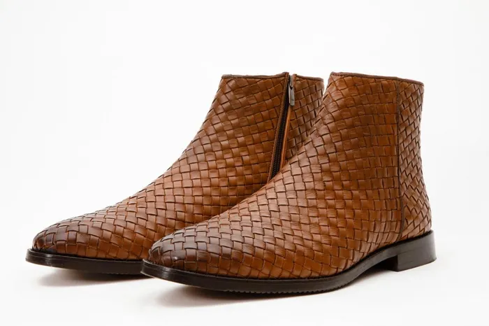 Men The Wellington Tan Handwoven Leather Boot With A Zipper Vinci Leather Boots