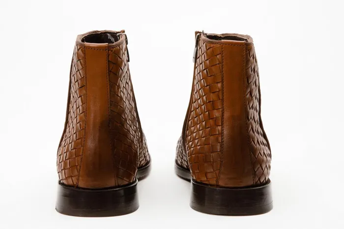 Men The Wellington Tan Handwoven Leather Boot With A Zipper Vinci Leather Boots