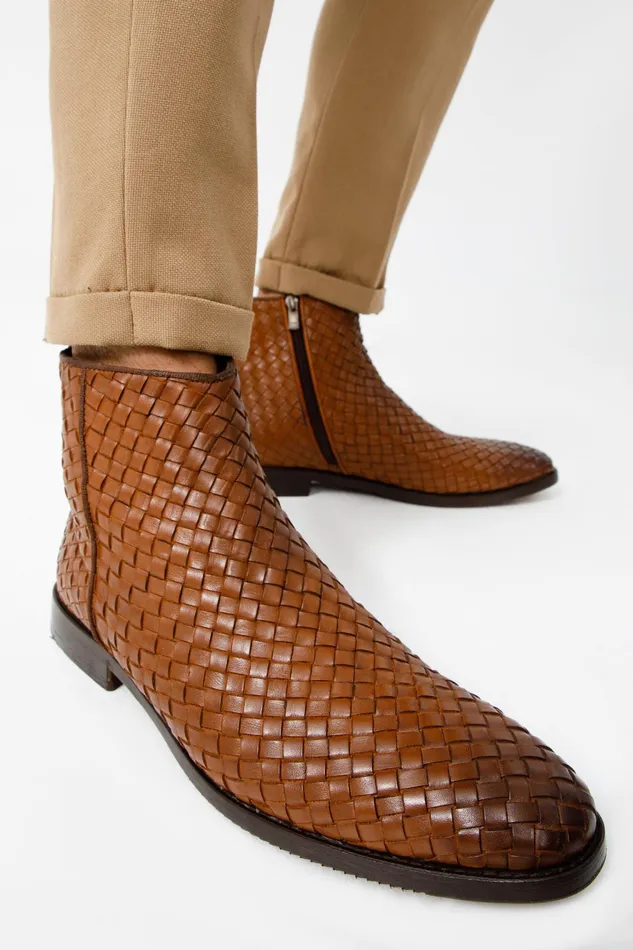 Men The Wellington Tan Handwoven Leather Boot With A Zipper Vinci Leather Boots