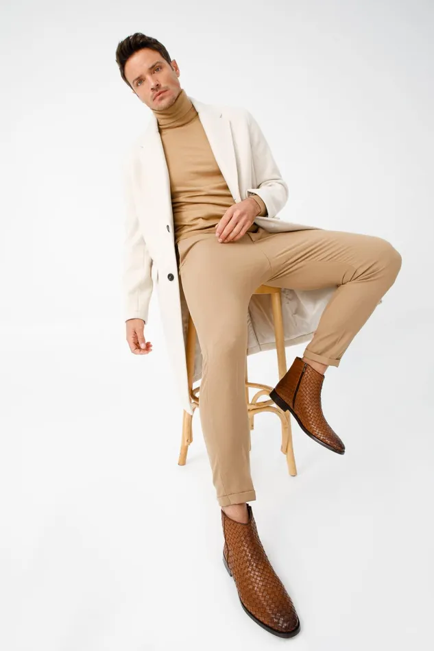 Men The Wellington Tan Handwoven Leather Boot With A Zipper Vinci Leather Boots