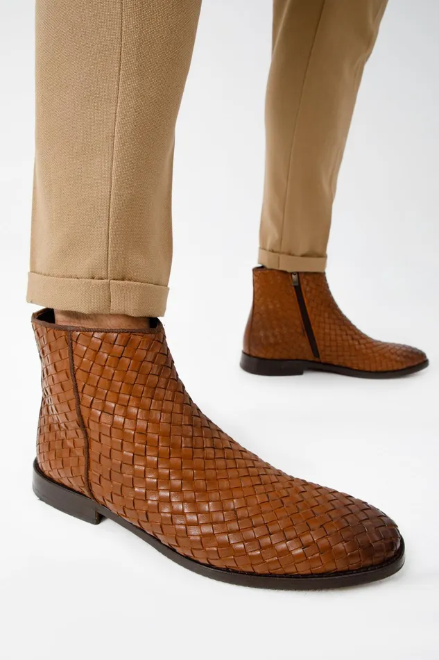 Men The Wellington Tan Handwoven Leather Boot With A Zipper Vinci Leather Boots