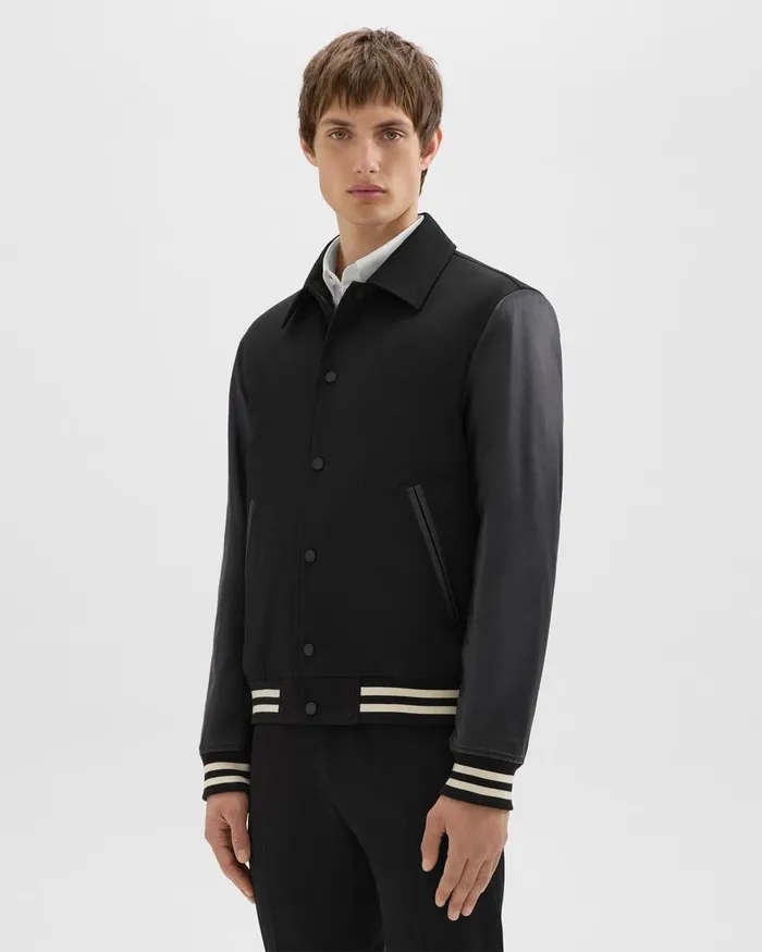 Men Theory Outerwear Varsity Jacket In Textured Gabardine Black
