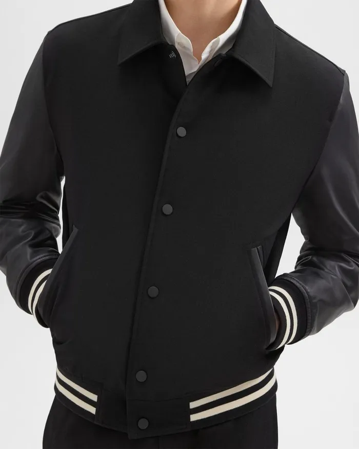 Men Theory Outerwear Varsity Jacket In Textured Gabardine Black