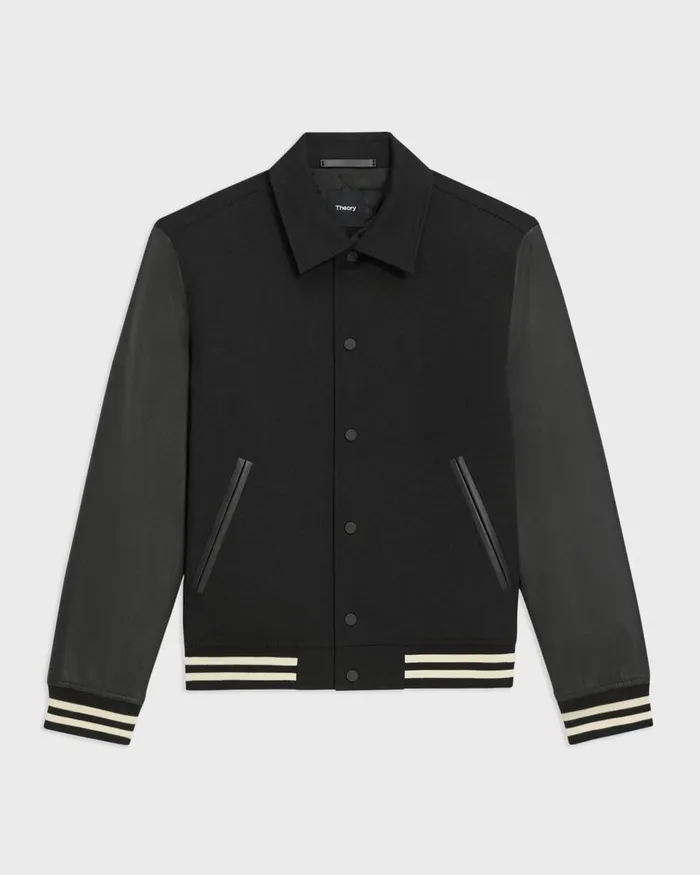 Men Theory Outerwear Varsity Jacket In Textured Gabardine Black