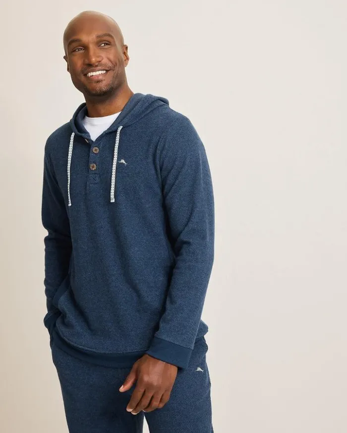 Men Tommy Bahama Loungewear and Pajamas Textured Twill Stripe Hoodie Dark Moonlight