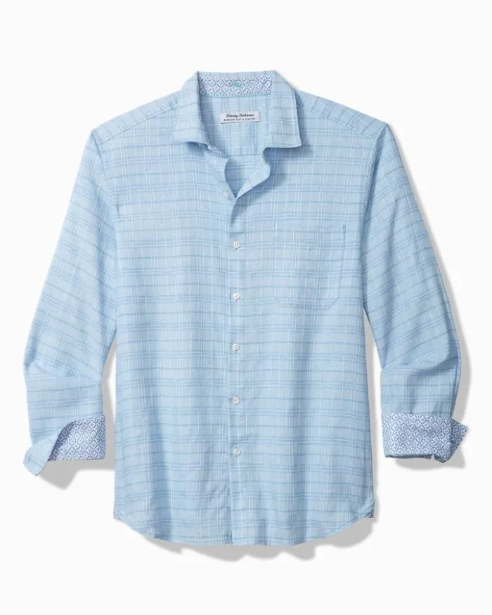 Men Tommy Bahama Shirts Barbados Breeze Playa Plaid StretchLinen LongSleeve Shirt Aqua Ice