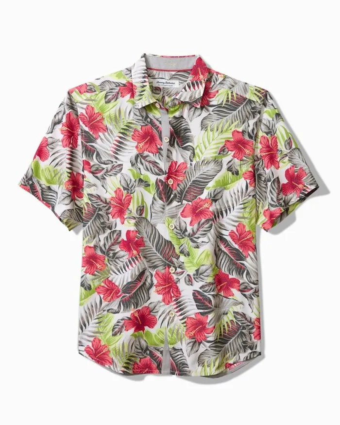 Men Tommy Bahama Shirts Coconut Point Hibiscus Shores IslandZone Camp Shirt Summer Grey