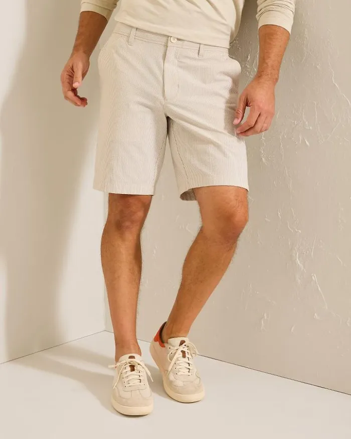 Men Tommy Bahama Shorts Nova Wave Seersucker Sand Stripe 9Inch Shorts Stone Khaki