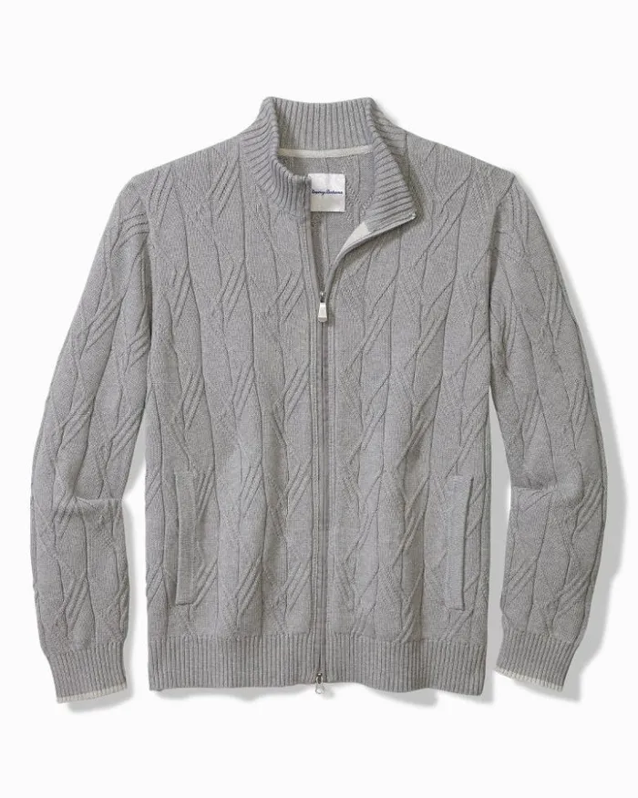 Men Tommy Bahama Sweaters Capital Cable FullZip Cardigan Grey Heather