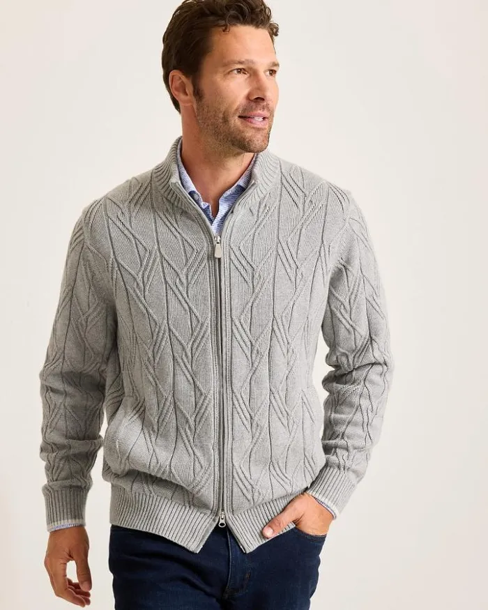 Men Tommy Bahama Sweaters Capital Cable FullZip Cardigan Grey Heather