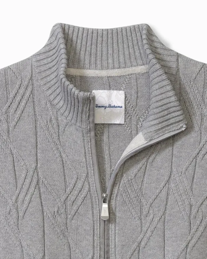 Men Tommy Bahama Sweaters Capital Cable FullZip Cardigan Grey Heather