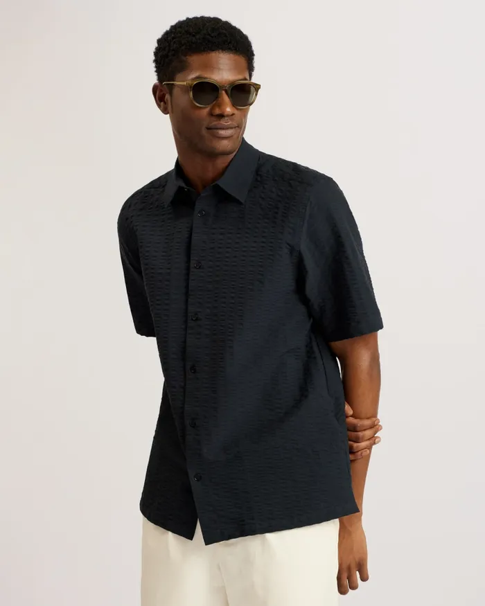 Men VERDON 8211 Seersucker Stripe Cotton Shirt Black Ted Baker Shirts