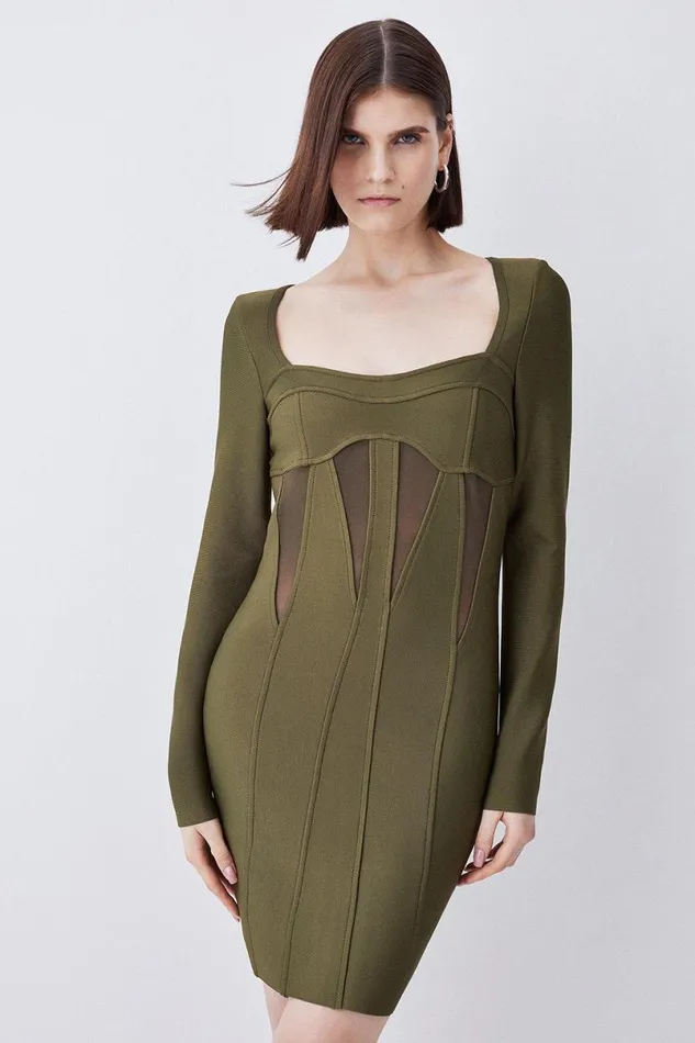 Mesh Cut Out Bandage Knit Mini Dress Olive Women Karen Millen Dresses