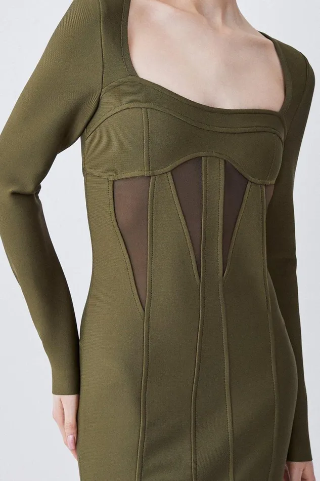 Mesh Cut Out Bandage Knit Mini Dress Olive Women Karen Millen Dresses