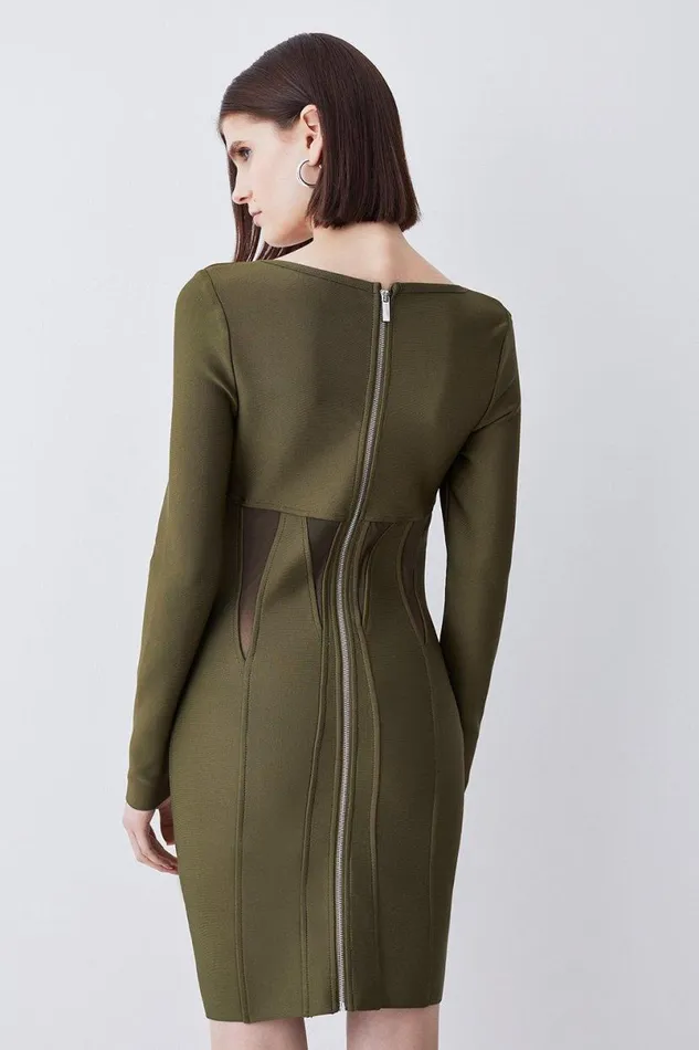 Mesh Cut Out Bandage Knit Mini Dress Olive Women Karen Millen Dresses