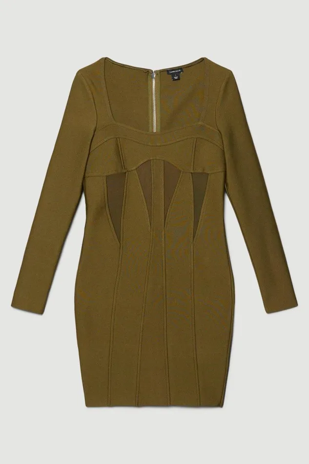 Mesh Cut Out Bandage Knit Mini Dress Olive Women Karen Millen Dresses