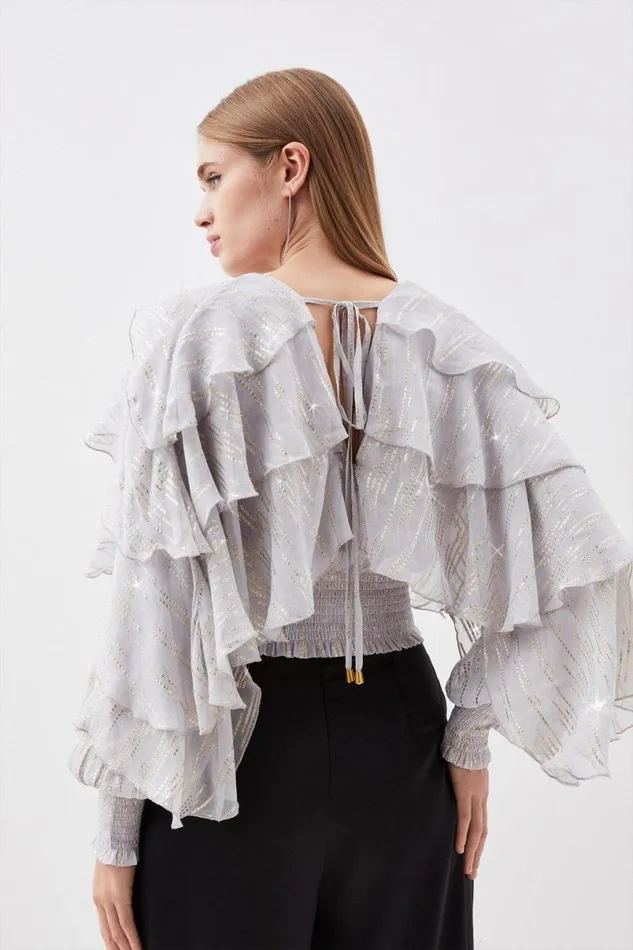 Metallic Embellished Ruffle Woven Top Silver Women Karen Millen Tops