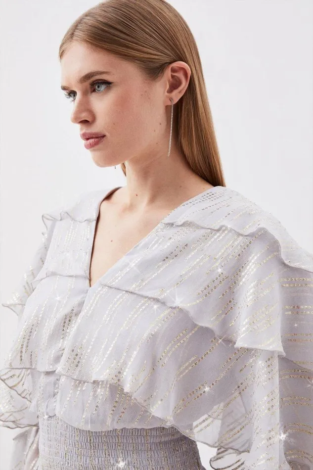 Metallic Embellished Ruffle Woven Top Silver Women Karen Millen Tops
