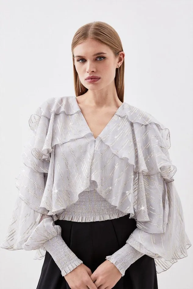 Metallic Embellished Ruffle Woven Top Silver Women Karen Millen Tops