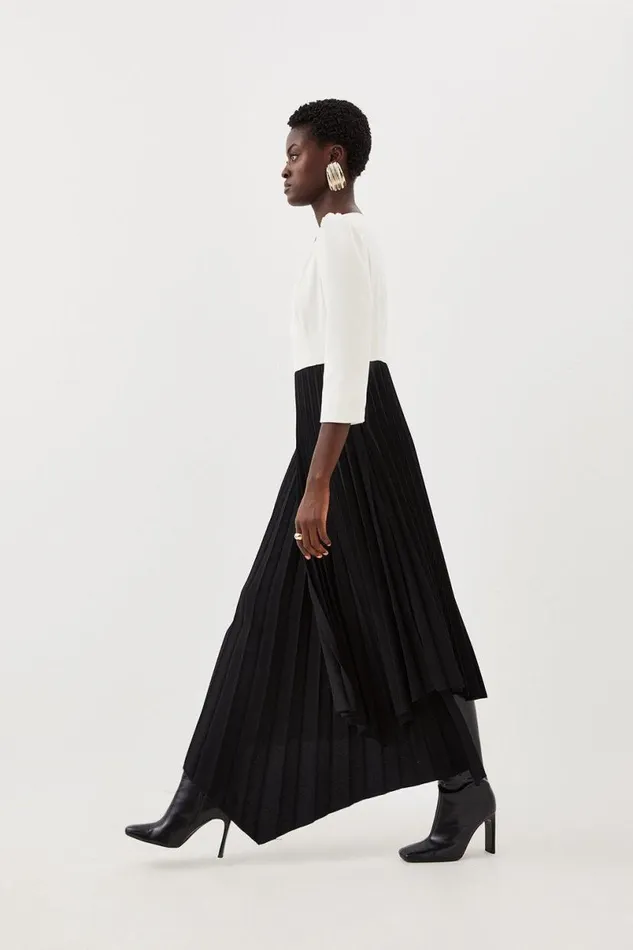 Military Pleat Panelled V Neck Tailored Midi Dress Mono Women Karen Millen Dresses